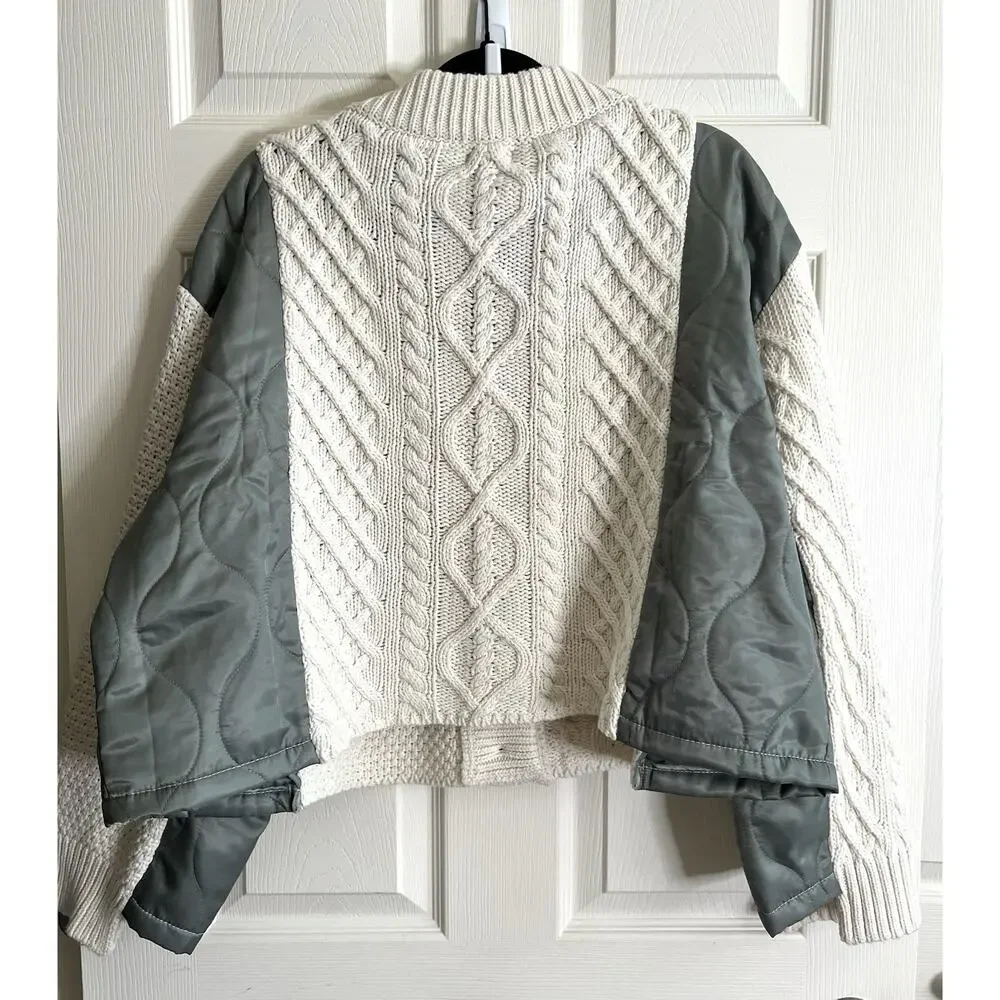 POL Naomi Cable Knit Mixed Media Boxy Grandpa Cardigan Jacket Sz M NWT - Picture 7 of 15